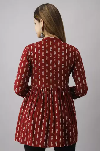Ftdiva women's maroon printed kruti in rayon