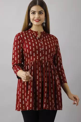Ftdiva women's maroon printed kruti in rayon