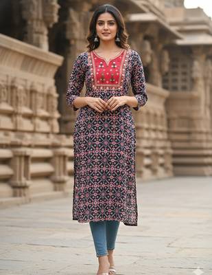 Ftdiva ethnic motifs straight kurti in black 1