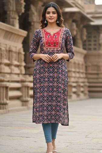 Ftdiva ethnic motifs straight kurti in black