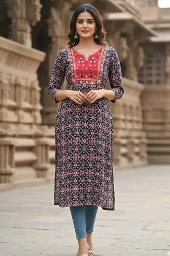 Ftdiva ethnic motifs straight kurti in black