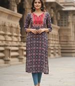 Ftdiva ethnic motifs straight kurti in black