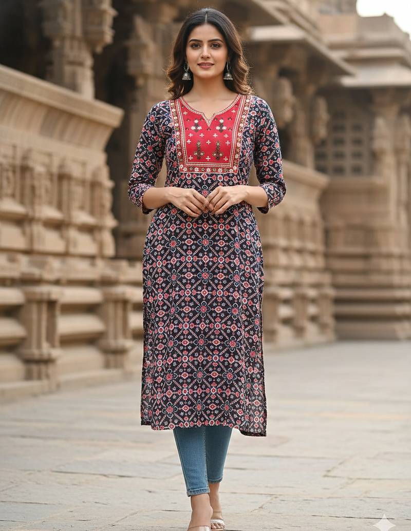 Ftdiva ethnic motifs straight kurti in black