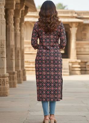 Ftdiva ethnic motifs straight kurti in black 2