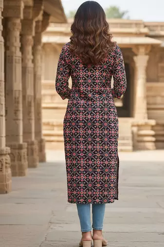 Ftdiva ethnic motifs straight kurti in black