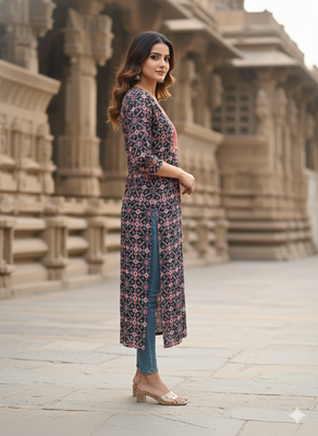 Ftdiva ethnic motifs straight kurti in black 3