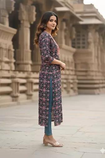 Ftdiva ethnic motifs straight kurti in black