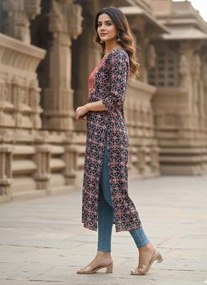 Ftdiva ethnic motifs straight kurti in black 4
