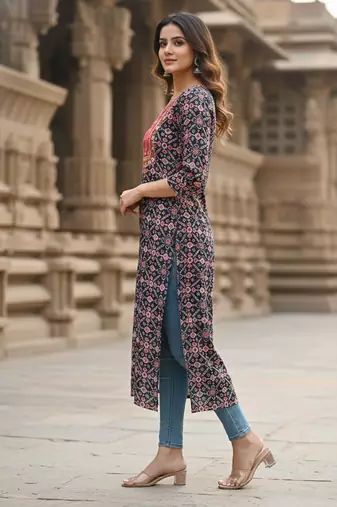 Ftdiva ethnic motifs straight kurti in black