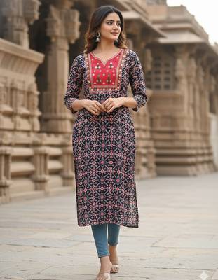Ftdiva ethnic motifs straight kurti in black 5