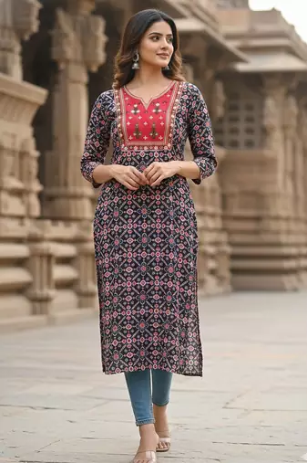 Ftdiva ethnic motifs straight kurti in black