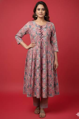 Ftdiva women embroidered printed aliya cut kurta in multicolor