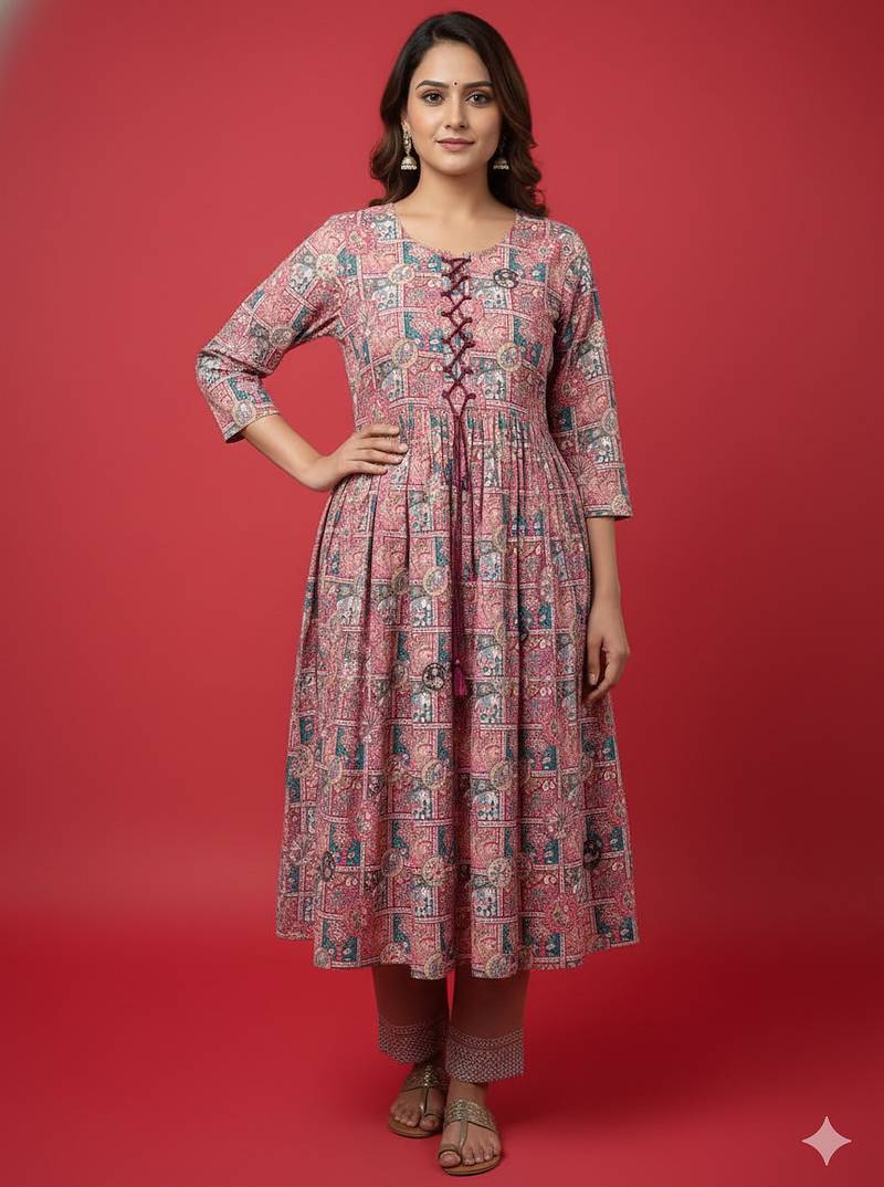 Ftdiva women embroidered printed aliya cut kurta in multicolor