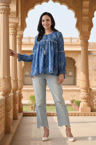 Ftdiva women's blue printed kruti in rayon