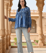 Ftdiva women's blue printed kruti in rayon