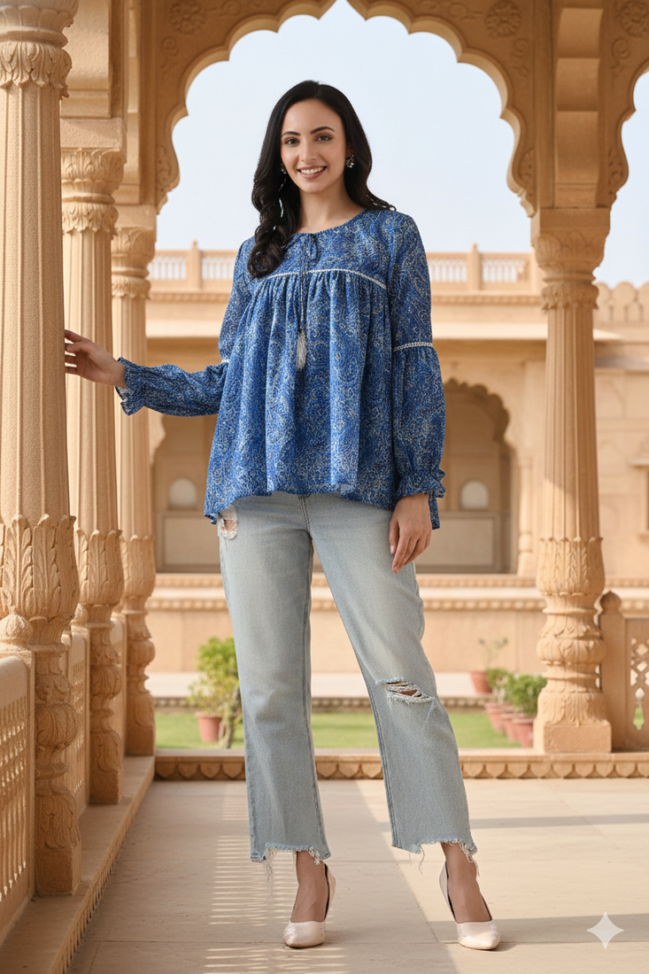 Ftdiva women's blue printed kruti in rayon