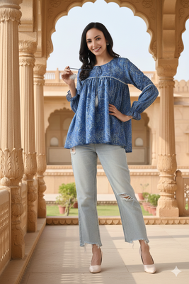 Ftdiva women's blue printed kruti in rayon 3