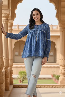 Ftdiva women's blue printed kruti in rayon 4