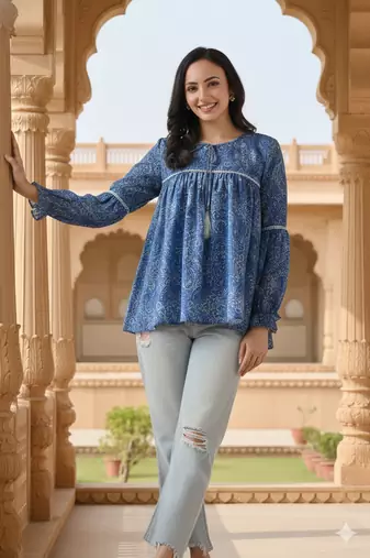 Ftdiva women's blue printed kruti in rayon