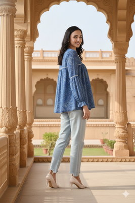 Ftdiva women's blue printed kruti in rayon 5