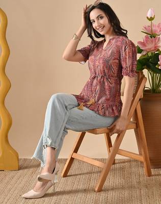 Ftdiva women's brown printed kruti in rayon 2