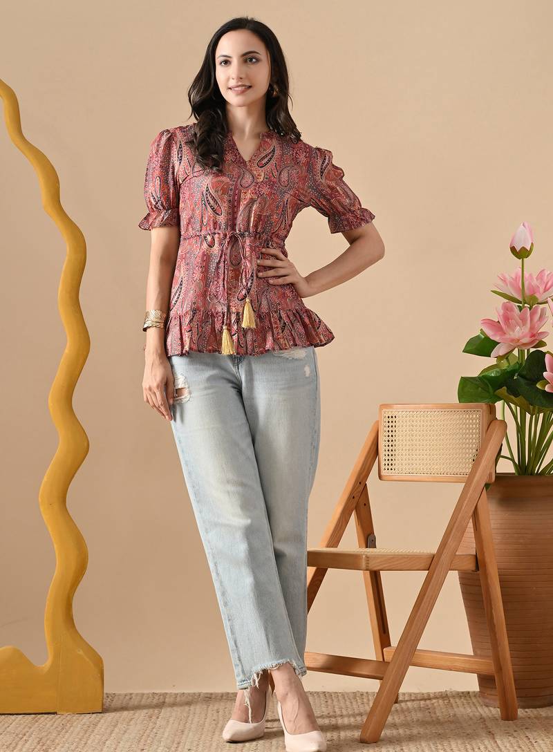 Ftdiva women's brown printed kruti in rayon