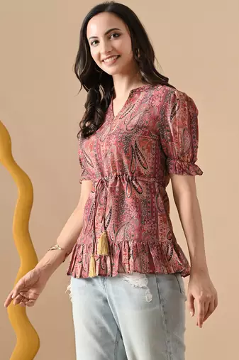 Ftdiva women's brown printed kruti in rayon