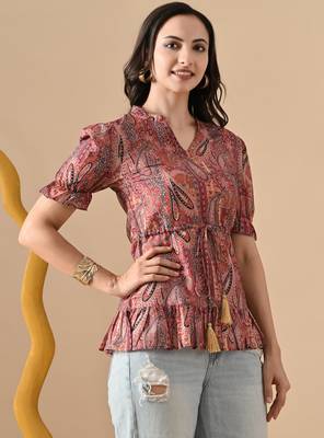 Ftdiva women's brown printed kruti in rayon 5