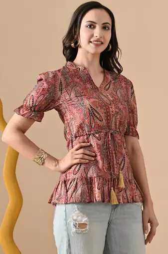 Ftdiva women's brown printed kruti in rayon