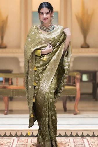 Olive green zari woven silk saree traditional banarasi style festive wear with blouse