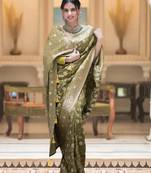 Olive green zari woven silk saree traditional banarasi style festive wear with blouse