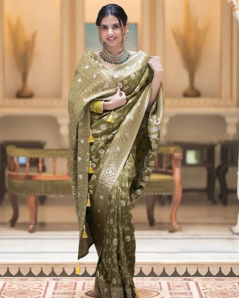 Olive green zari woven silk saree traditional banarasi style festive wear with blouse