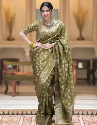 Olive green zari woven silk saree traditional banarasi style festive wear with blouse 2
