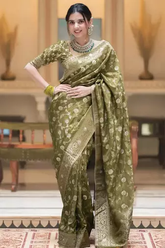 Olive green zari woven silk saree traditional banarasi style festive wear with blouse