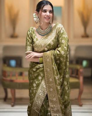 Olive green zari woven silk saree traditional banarasi style festive wear with blouse 3