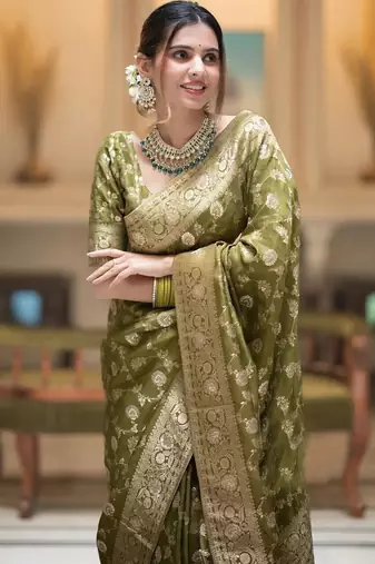 Olive green zari woven silk saree traditional banarasi style festive wear with blouse