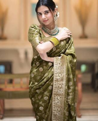 Olive green zari woven silk saree traditional banarasi style festive wear with blouse 4