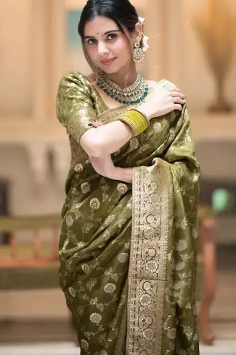 Olive green zari woven silk saree traditional banarasi style festive wear with blouse