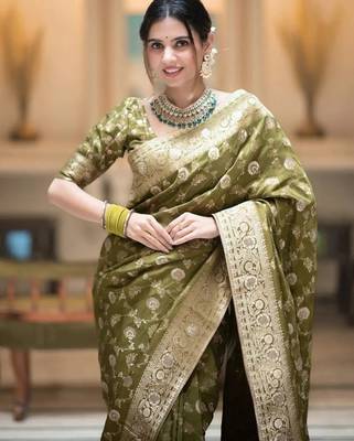 Olive green zari woven silk saree traditional banarasi style festive wear with blouse 5