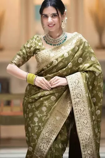 Olive green zari woven silk saree traditional banarasi style festive wear with blouse