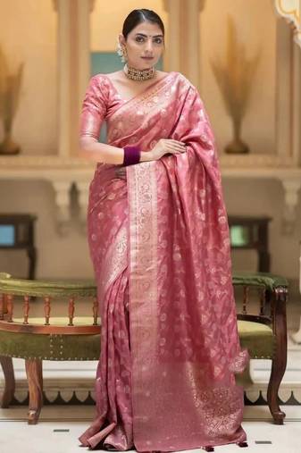Dusty pink zari woven silk saree elegant banarasi style wedding wear with blouse