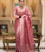 Dusty pink zari woven silk saree elegant banarasi style wedding wear with blouse