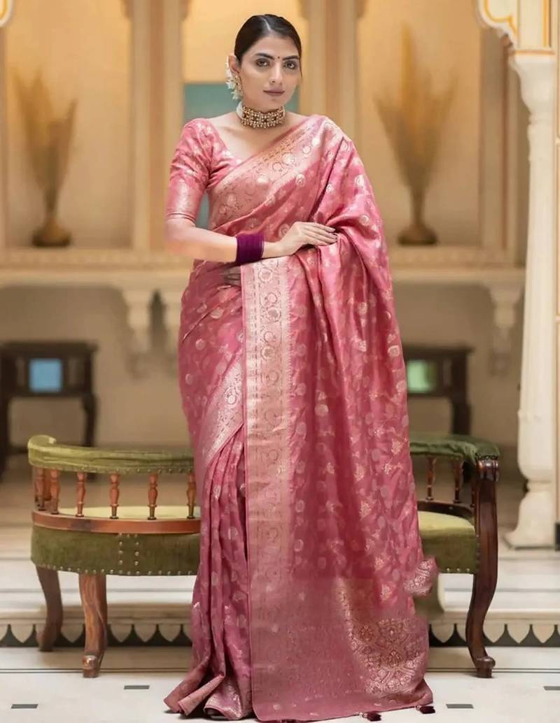 Dusty pink zari woven silk saree elegant banarasi style wedding wear with blouse