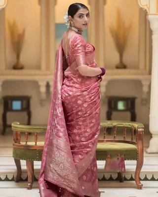 Dusty pink zari woven silk saree elegant banarasi style wedding wear with blouse 2