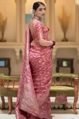 Dusty pink zari woven silk saree elegant banarasi style wedding wear with blouse