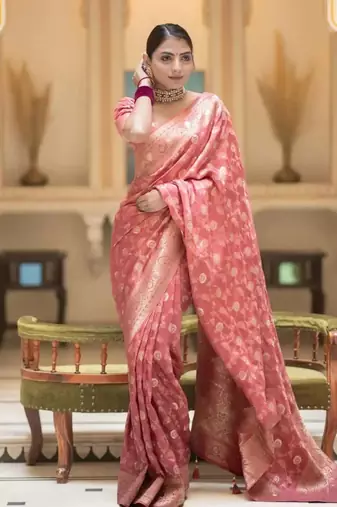 Dusty pink zari woven silk saree elegant banarasi style wedding wear with blouse