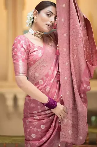 Dusty pink zari woven silk saree elegant banarasi style wedding wear with blouse