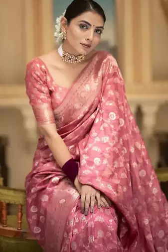 Dusty pink zari woven silk saree elegant banarasi style wedding wear with blouse