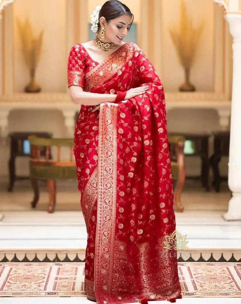 Bridal red zari woven silk saree rich banarasi style traditional wedding wear with blouse