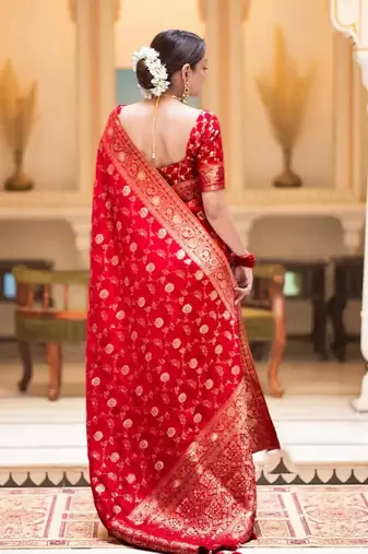 Bridal red zari woven silk saree rich banarasi style traditional wedding wear with blouse
